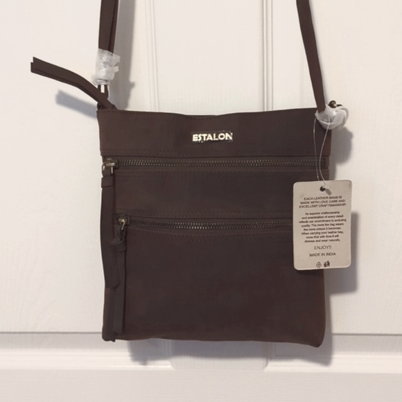 NWT Estalon Dark Brown Distressed Leather Crossbody Bag Purse - Picture 2 of 9